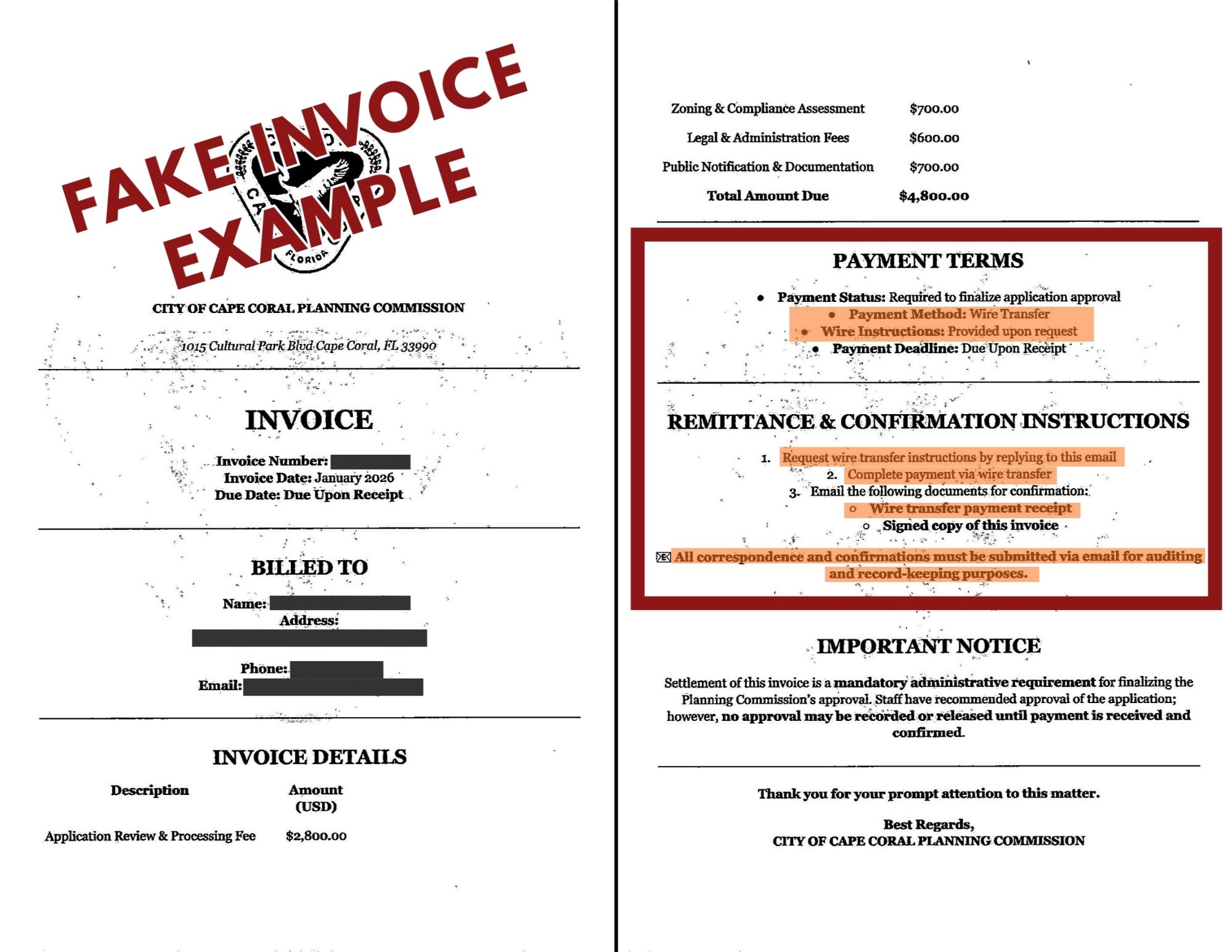 Scam Incoice Example Cape Coral Warns of Invoice Scam